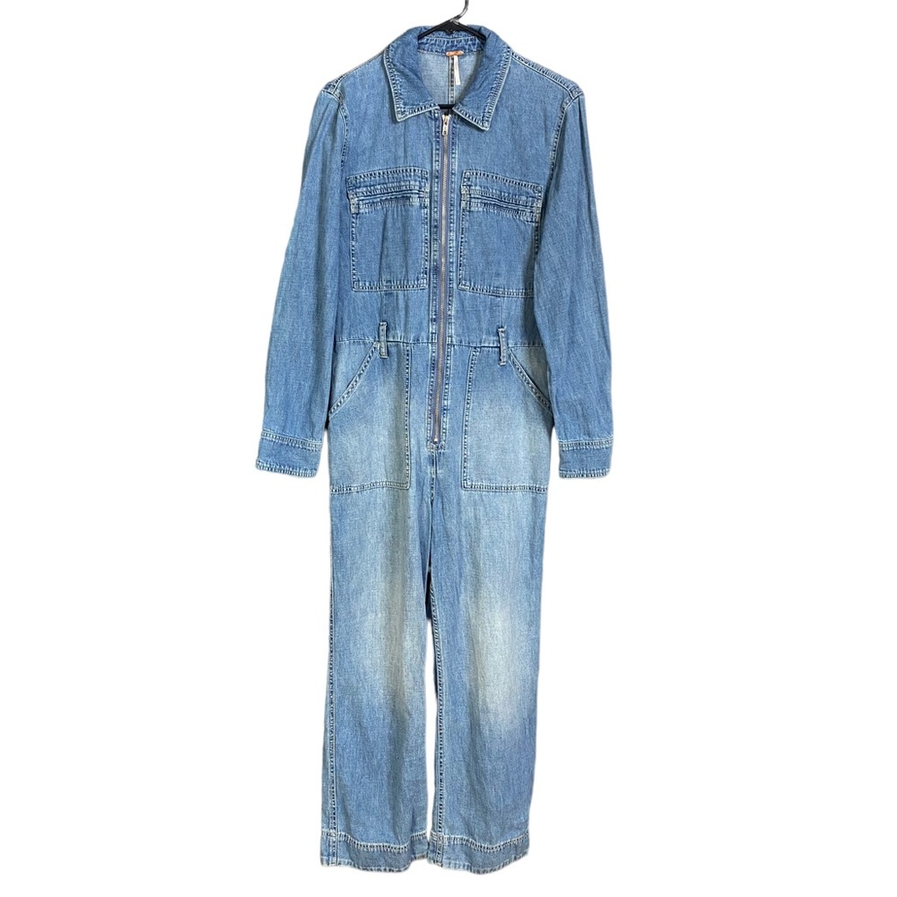 Free People Medium Wash Zip-up Denim Jumpsuit